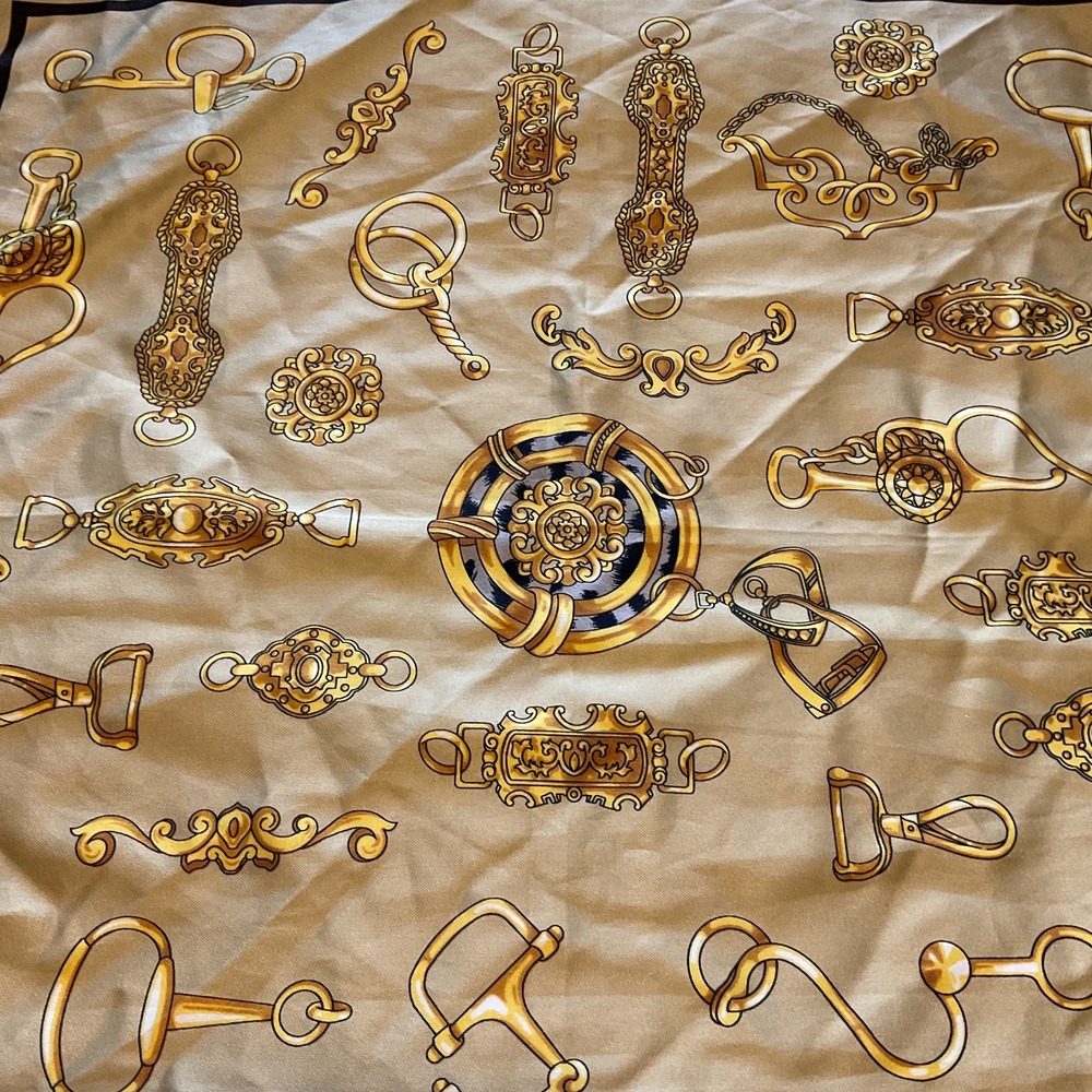 Equestrian Animal Print Scarf 20" X 20" square 100% Polyester Gold Beige Black - Picture 2 of 7